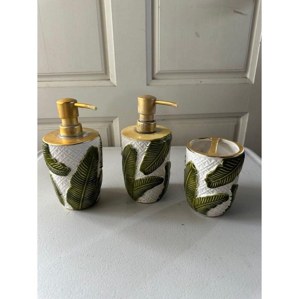 Textured 3D Banana Leaves Lauhala Weave 3 Bathroom Liquid Dispensers Container